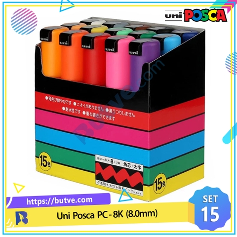 Bộ 15 cây bút sơn nước vẽ đa chất liệu Uni Posca PC-8K ngòi 8.0mm (Nguyên bộ)
