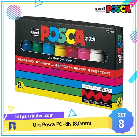 Bộ 8 cây bút sơn nước vẽ đa chất liệu Uni Posca PC-8K ngòi 8.0mm (Nguyên bộ)