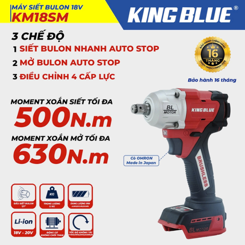 Thân máy bắn bu lông 500Nm Kingblue KM18SM (chân pin Makita)