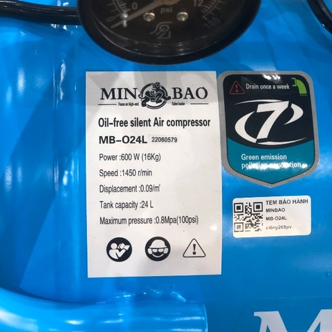 Máy nén khí không dầu 500W Minbao MB-O24L