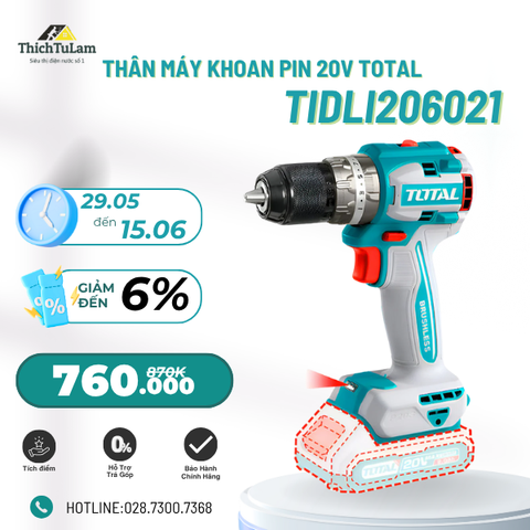 Thân máy khoan pin 20v 60Nm có búa không chổi than Total TIDLI206021