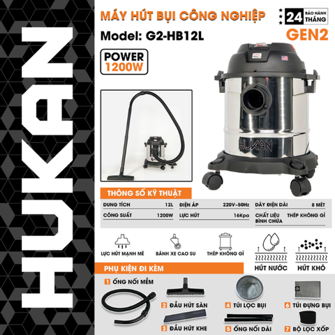 Máy hút bụi 12L Gen 2 Hukan G2-HB12L