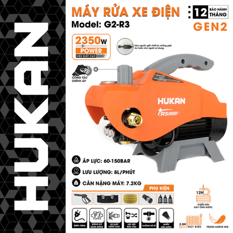 Máy rửa xe 2350W, có chỉnh áp Gen 2 Hukan G2-R3