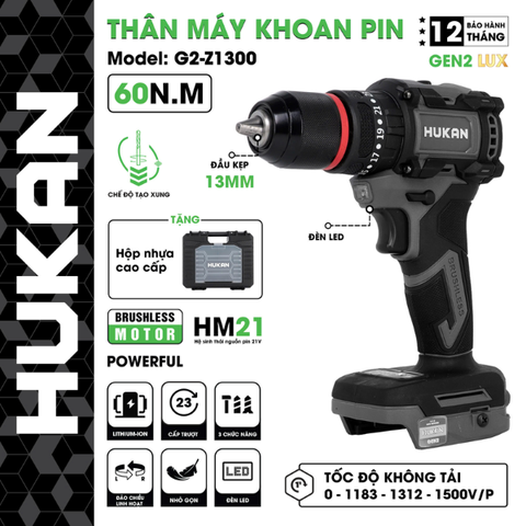 Thân máy khoan pin 13mm Gen 2 Lux Hukan G2-Z1300