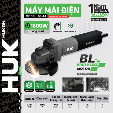 Máy mài góc không chổi than 100mm 1600W công tắc đuôi Hukan G3-A1