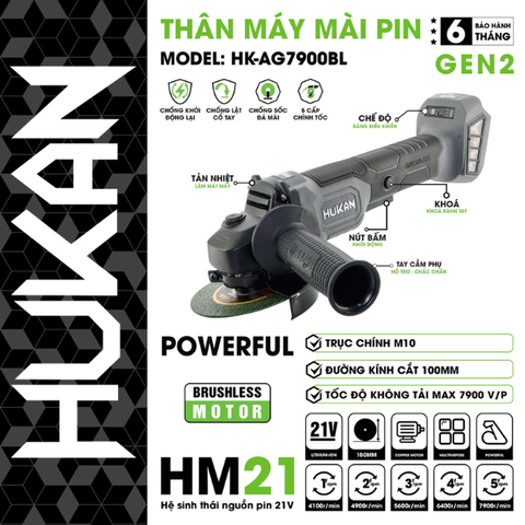 Thân máy mài góc 5 tốc độ GEN 2 dùng pin 21V Hukan HK-AG7900BL-T