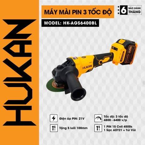 Máy mài góc pin 21v 6400v/pHukan HK-AGS6400BL.2 (2 pin 1 sạc)