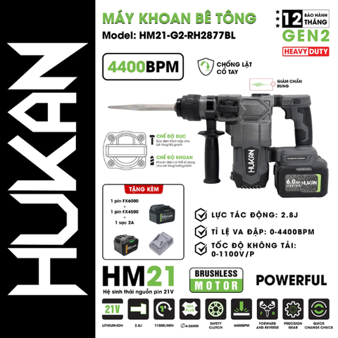 Máy khoan đục bê tông pin 2.8J Hukan HM21-G2-RH2877BL