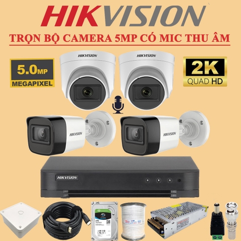 Bộ camera giám sát HIKVISION 4 mắt siêu nét 5MP 2560x1944 mic thu âm quan sát an ninh ban đêm kèm đầy đủ phụ kiện lắp đặt