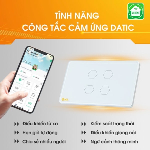 Công tắc cảm ứng thông minh Wifi HUNONIC Datic 4 nút điều khiển bật tắt thiết bị từ xa qua điện thoại