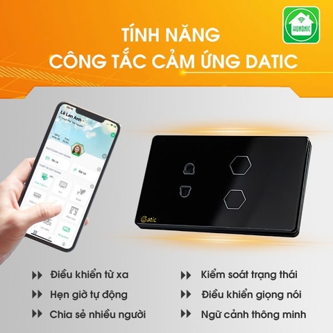 Công tắc thông minh Wifi HUNONIC Datic 2 nút kèm ổ cắm điều khiển bật tắt thiết bị từ xa qua điện thoại