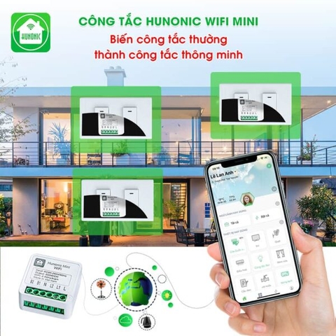 Công tắc thông minh Wifi HUNONIC Mini lắp sau công tắc cơ điều khiển bật tắt thiết bị từ xa qua điện thoại