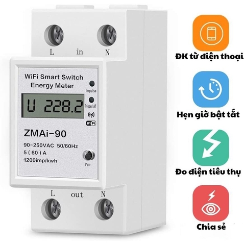 Công Tơ Điện Tử Thông Minh TUYA Wifi ZMAI 90 63A ATMS DIN RAIL đo số điện tiêu thụ cảnh báo bật tắt aptomat từ xa qua điện thoại bản quốc tế