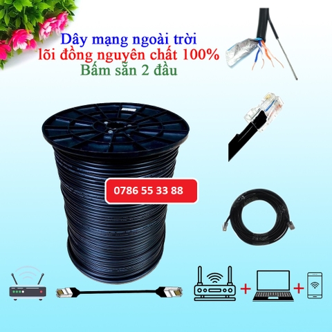 Dây cáp mạng ngoài trời lõi đồng có sợi thép chịu lực căng kéo bọc bạc dầu chống ẩm bấm sẵn 2 đầu bán lẻ mét