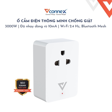 Ổ cắm điện thông minh wifi chống giật Vconnex phát hiện hở điện mất an toàn tự động ngắt cảnh báo bật tắt thiết bị từ xa qua điện thoại