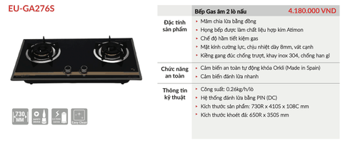 Bếp Gas Âm 2 Lò Nấu Eurosun EU-GA276S - Tiết kiệm gas, cảm biến an toàn