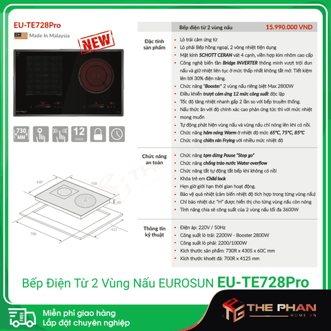 Bếp Điện Từ Đôi Eurosun EU-TE728Pro - Inverter thông minh, Cảm ứng từ + Hồng ngoại