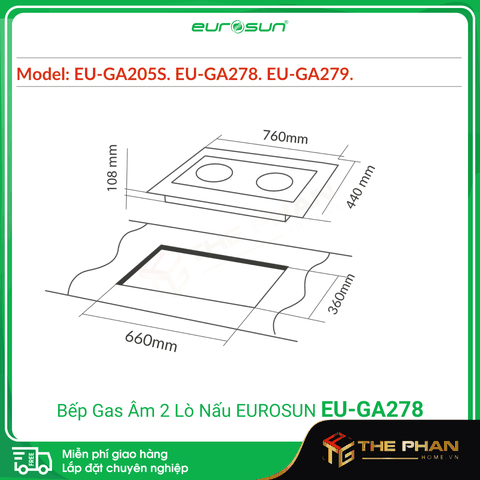 Bếp Gas Âm 2 Lò Nấu Eurosun EU-GA278 - Tiết kiệm gas, Cảm biến an toàn