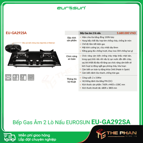 Bếp Gas Âm 2 Lò Nấu Eurosun EU-GA292SA - Cảm biến chống cháy Nhật Bản