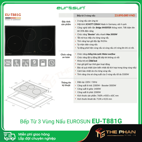 Bếp Từ Eurosun EU-T881G - 3 Vùng Nấu Cảm Ứng Từ