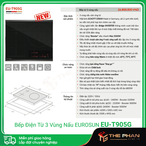 Bếp Từ Eurosun EU-T905G - 3 Vùng Nấu Cảm Ứng