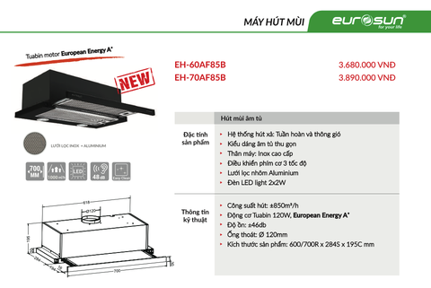 Máy Hút Mùi Âm Tủ Eurosun EH-60AF85B | EH-70AF85B - 850m3/h