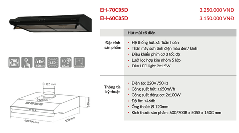 Máy Hút Mùi Cổ Điển Eurosun EH-60C05D | EH-70C05D - 650m3/h, không cần ống thông gió