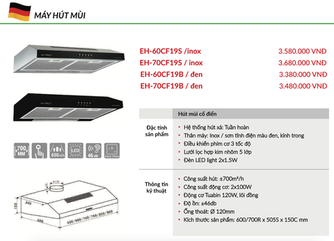 Máy Hút Mùi Cổ Điển Eurosun EH-60CF19S | EH-70CF19S | EH-60CF19B | EH-70CF19B - 700m3/h, không cần ống thông gió