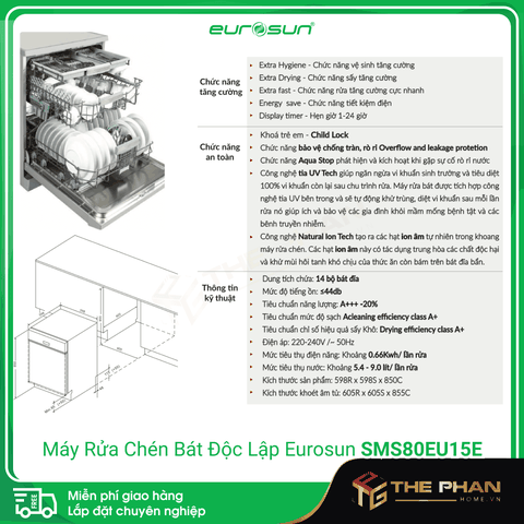 Máy Rửa Chén Bát Eurosun SMS80EU15E - Sức chứa 14 Bộ, CHLB Đức