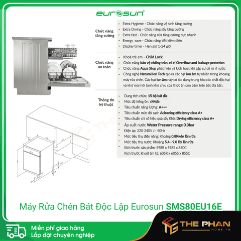 Máy Rửa Chén Bát Eurosun SMS80EU16E - Sức chứa 15 Bộ, CHLB Đức