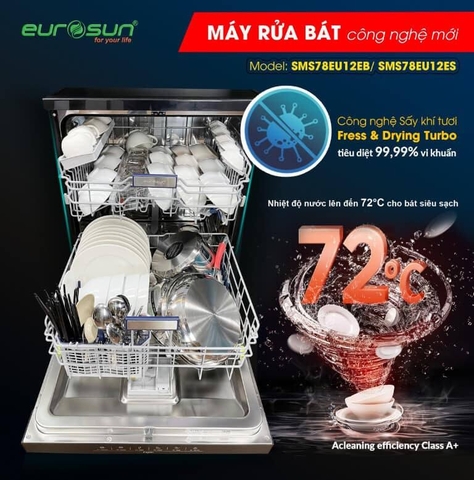 Máy Rửa Chén Bát Eurosun SMS78EU12EB (Black) | SMS78EU12ES (Silver) - Sức chứa 13+ Bộ