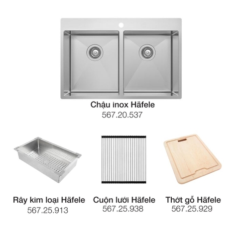 Combo Chậu Thép Không Gỉ Hafele + Lưới, Thớt, Rây - Chậu Inox / Stainless Steel Sink HS20-SSN2S90 567.20.577