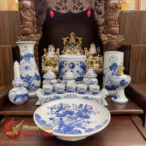 Bộ Đồ Thờ Men Ngọc Bát Tràng - Bàn Thờ Gia Tiên Và Thần Linh - Cặp Tài Địa và Thần Phát Kim Cao Cấp