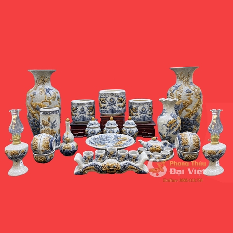 Bộ đồ thờ men rạn đắp nổi cao cấp MS12