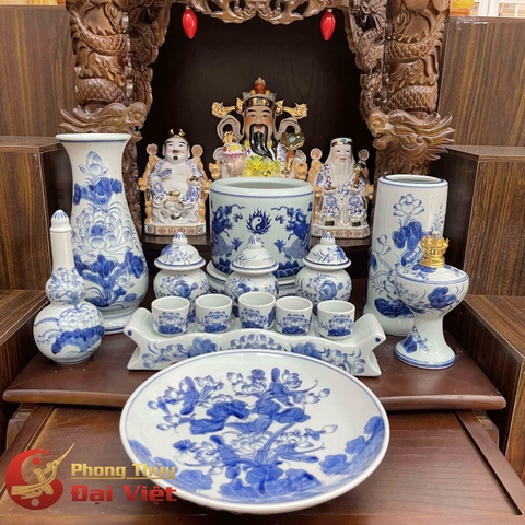 Bộ Đồ Thờ Men Ngọc Bát Tràng - Bàn Thờ Gia Tiên Và Thần Linh - Tài Địa Thần Phát Gấm Xanh