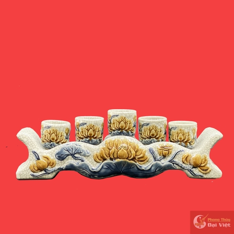 Kỷ ngai 5 chén vẽ sen men rạn