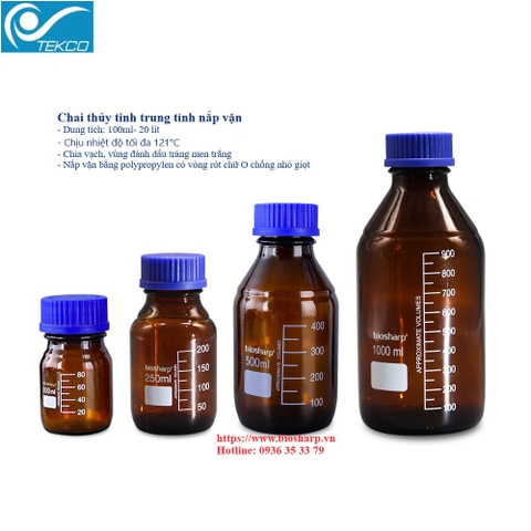 Chai thủy tinh mầu nâu 100ml-2 lít, hãng Biosharp