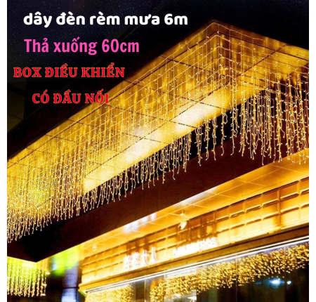 Dây Đèn Chớp Rèm Mưa 6m Thả 60cm Sáng Vàng