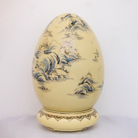 Trứng Tài Lộc Sơn Thủy H45 Gốm Chu Đậu Vẽ Vàng 24K RG-000593