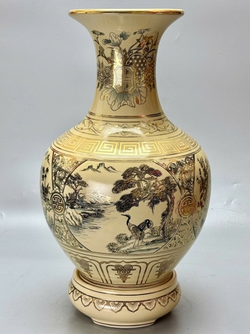 Bình Phú Quý Tứ Cảnh Sơn Thuỷ Cao 52cm Gốm Chu Đậu Vẽ Vàng