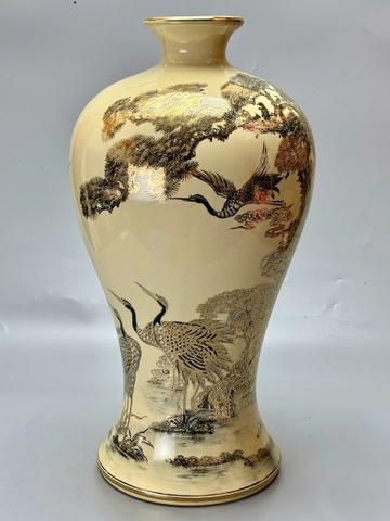 Mai Bình Tùng Hạc Cao 60cm Gốm Chu Đậu Vẽ Vàng 24K