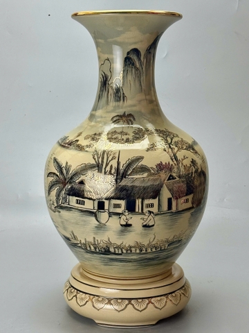 Bình Phú Quý Hoạ Tiết Làng Quê Việt Nam 3D Gốm Vẽ Vàng