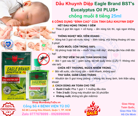 Dầu Khuynh Diệp Eagle Brand BST's Eucalyptus Oil PLUS + 25ml Singapore Chuẩn USA Chống Muỗi 8 Tiếng