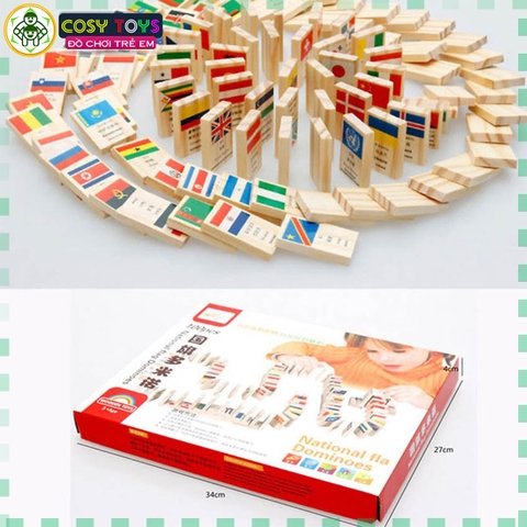 Bộ 100 quân cờ Domino lá cờ các quốc gia, xếp hình nhận biết Quốc kì các nước làm bằng gỗ tự nhiên cao cấp