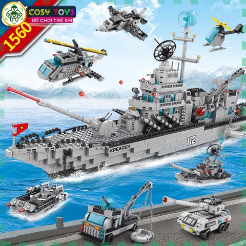 Đồ chơi lắp ghép xếp hình tàu chiến đấu cao cấp cỡ lớn 6 trong 1 kèm trực thăng, tàu nhỏ và các nhân vật thủy thủ với 1560 mảnh ghép