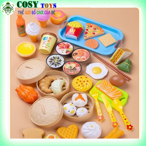 Bộ đồ chơi hấp bánh ẩm thực với nhiều món ăn: bánh bao, há cảo, bánh kem, shusi... với 42 chi tiết cùng phụ kiện cho bé