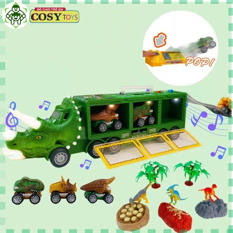 Đồ chơi xe chở khủng long cao cấp kèm xe trớn, mô hình khủng long con và cây, đá, trứng khủng long cho bé
