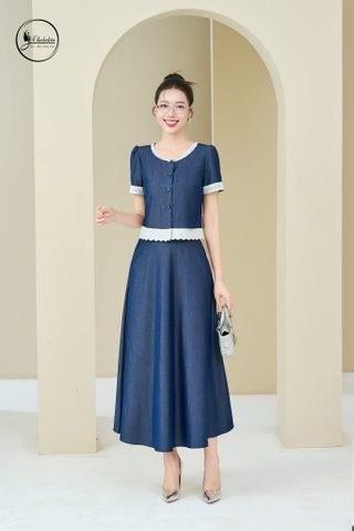 Sét bộ bò áo cổ tròn tay lỡ phối chân váy màu xanh than