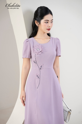 Đầm dáng A thêu màu tím
