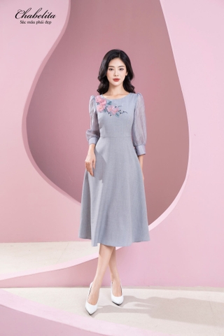 Đầm thuê hoa phối tay màu ghi